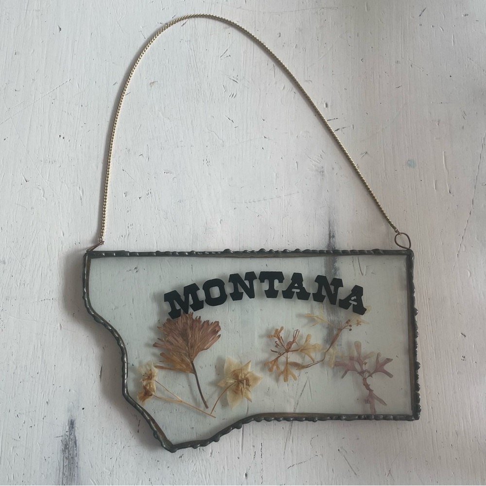 Americana Boho Pressed Flowers Montana State Window Glass Hanging Big Sky